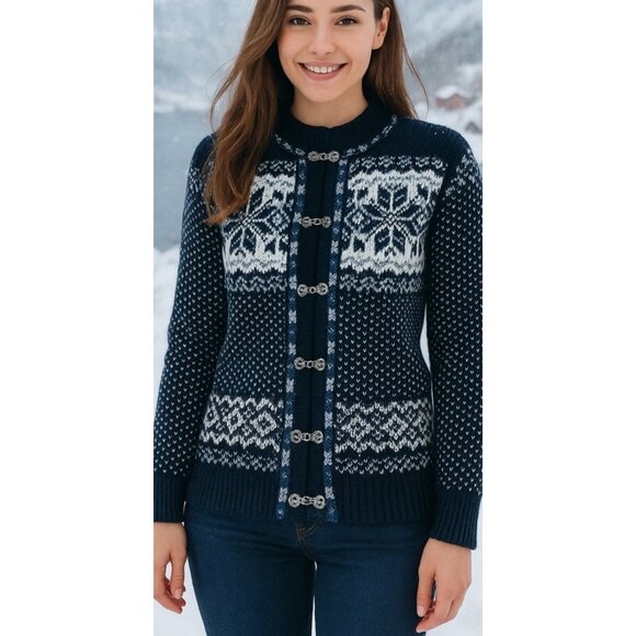 Dale of Norway Sweaters - Dale of Norway Cardigan Sweater Size Small Fair Isle Pewter Clasps Snowflake